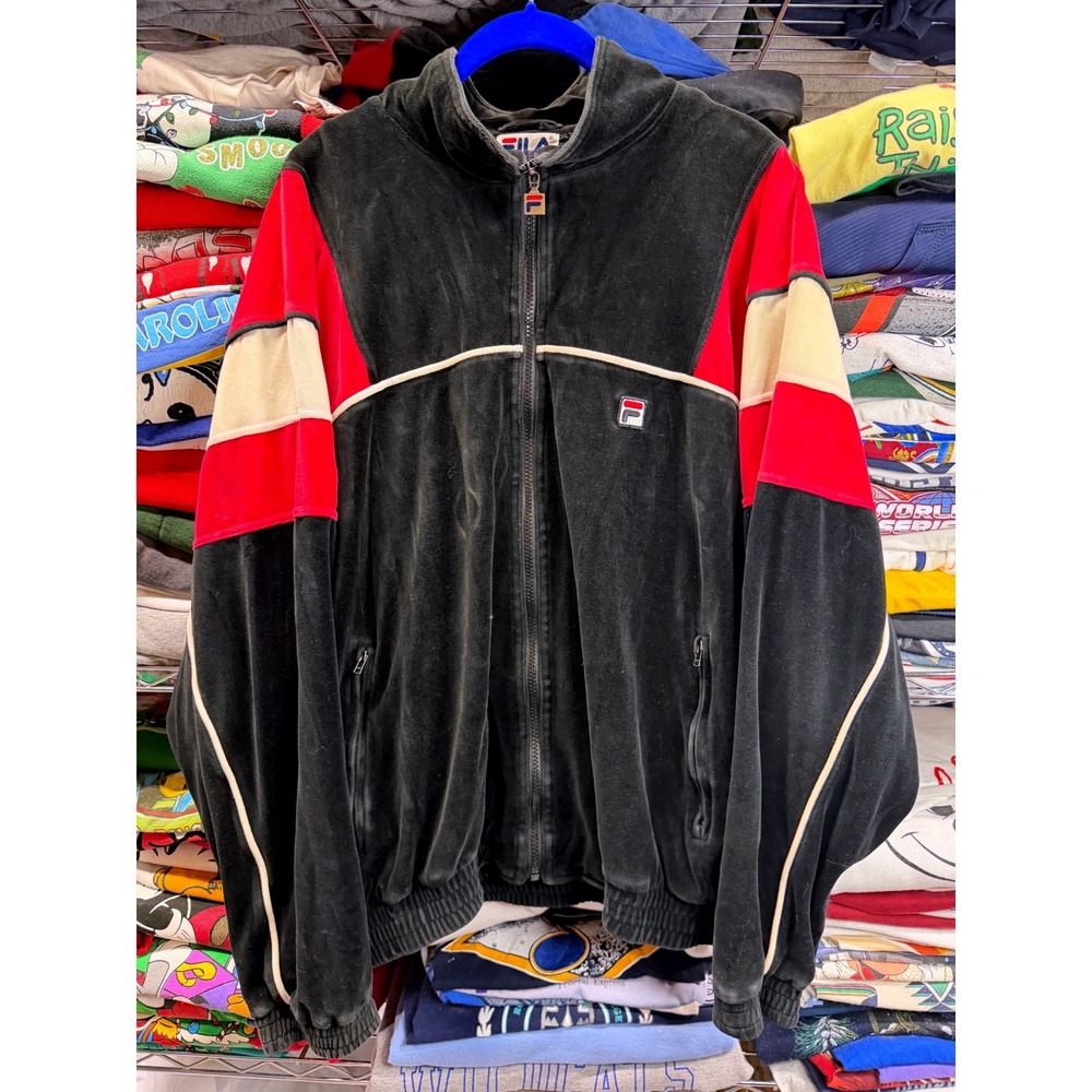 Vintage Fila Velour Track Jacket Black Red Colorblock Full Zip Method Man